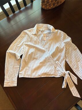 LOFT White and Navy Striped Wrap Button-Down Shirt